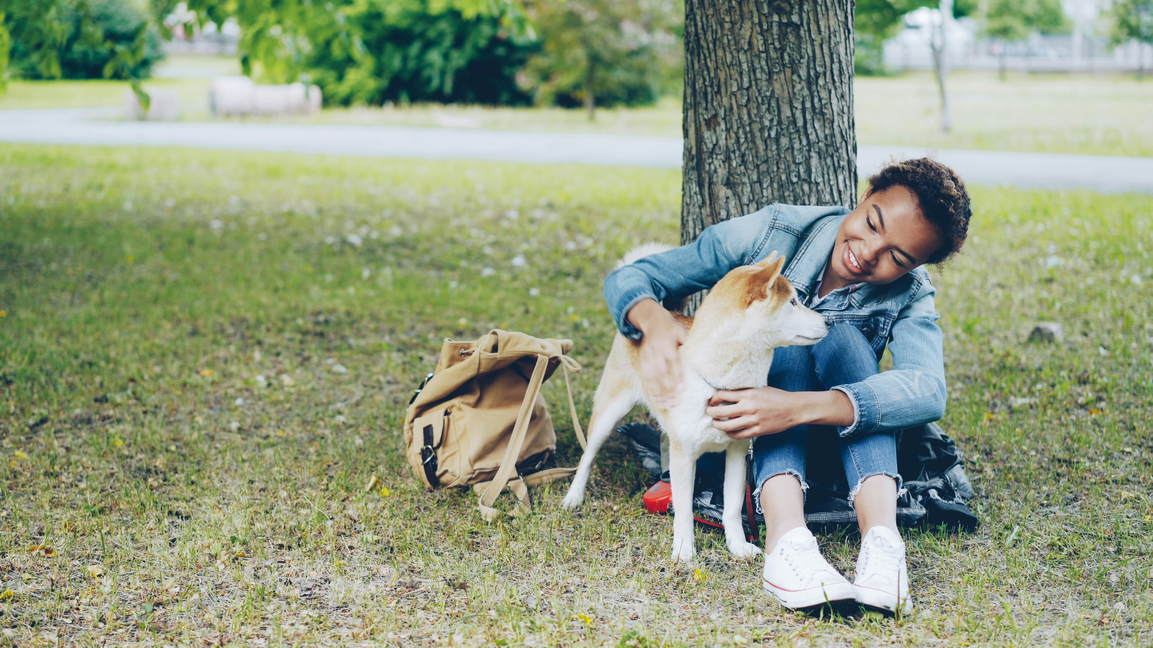 Woman caressing puppy
