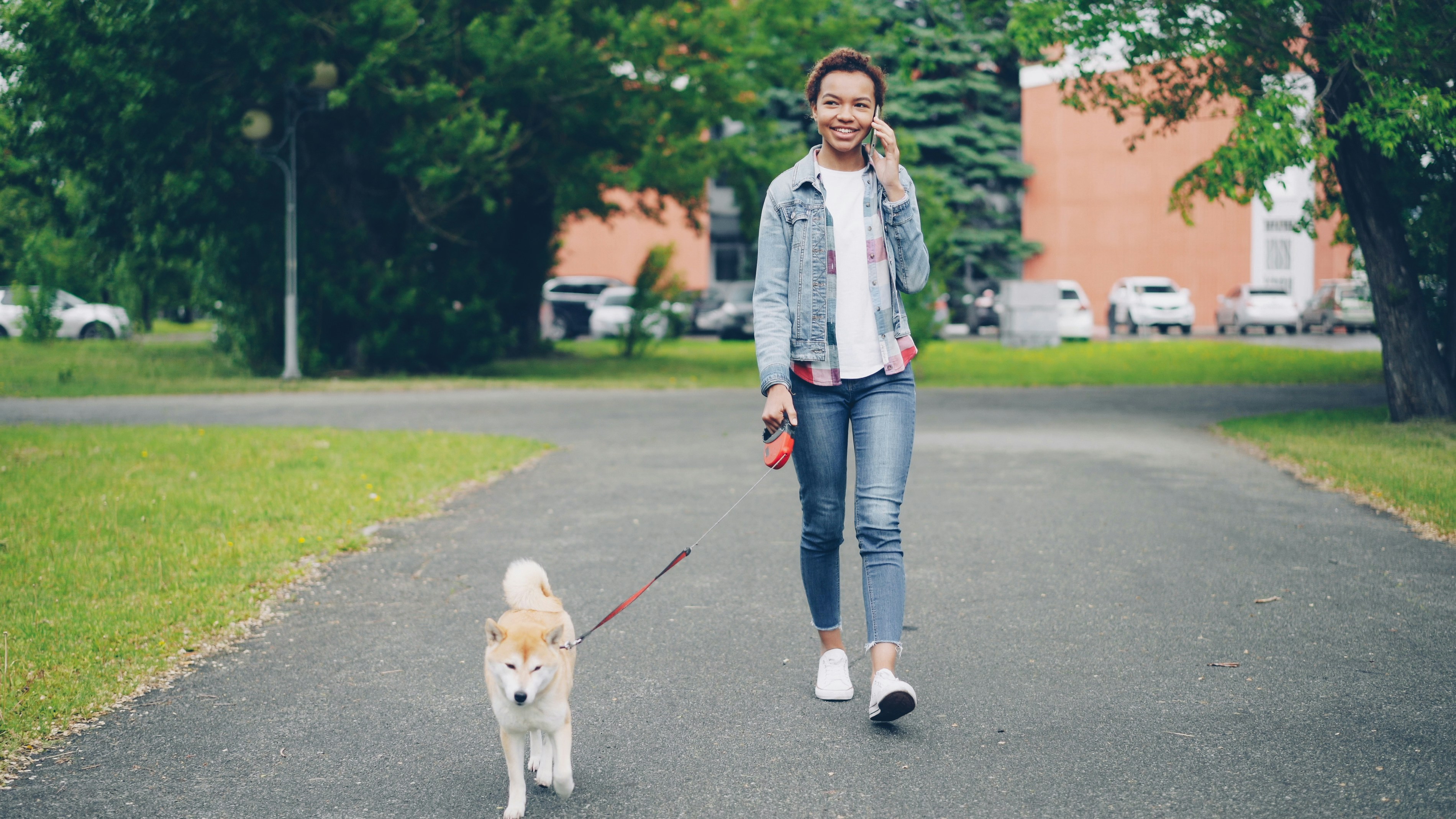 Woman talks on the phone while walking her dog.