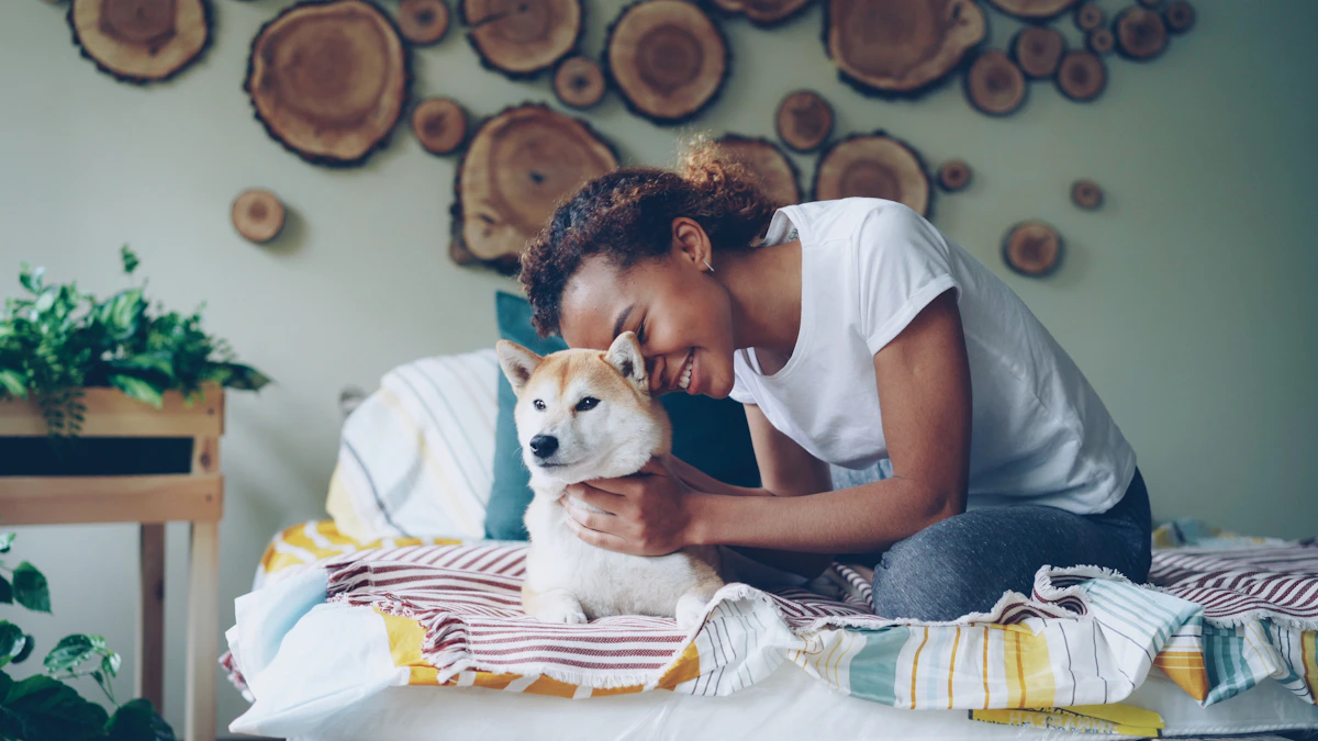 Real pet owner relaxing at home with a dog
