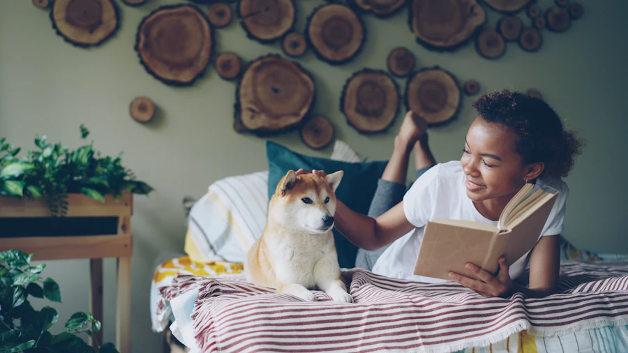 A child gently petting a calm dog while reading together on a bed