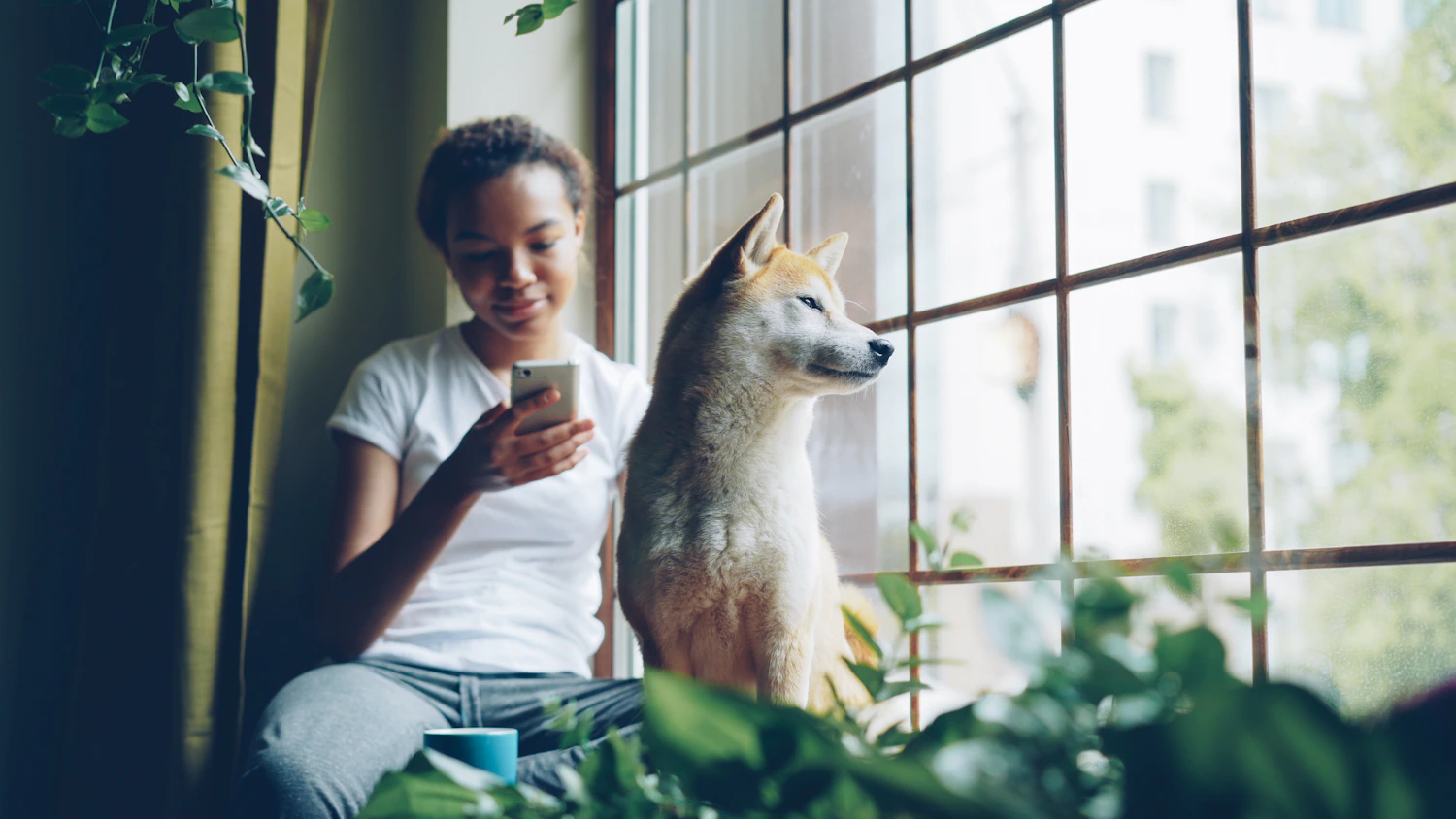 A woman and her Shiba Inu enjoying a quiet view together at home