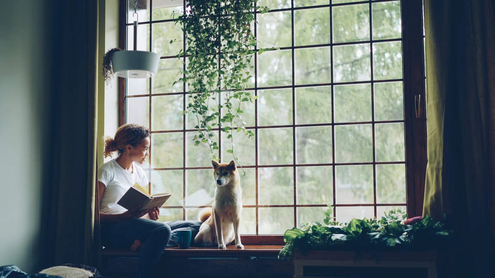 Woman reading beside a dog near a window in a home