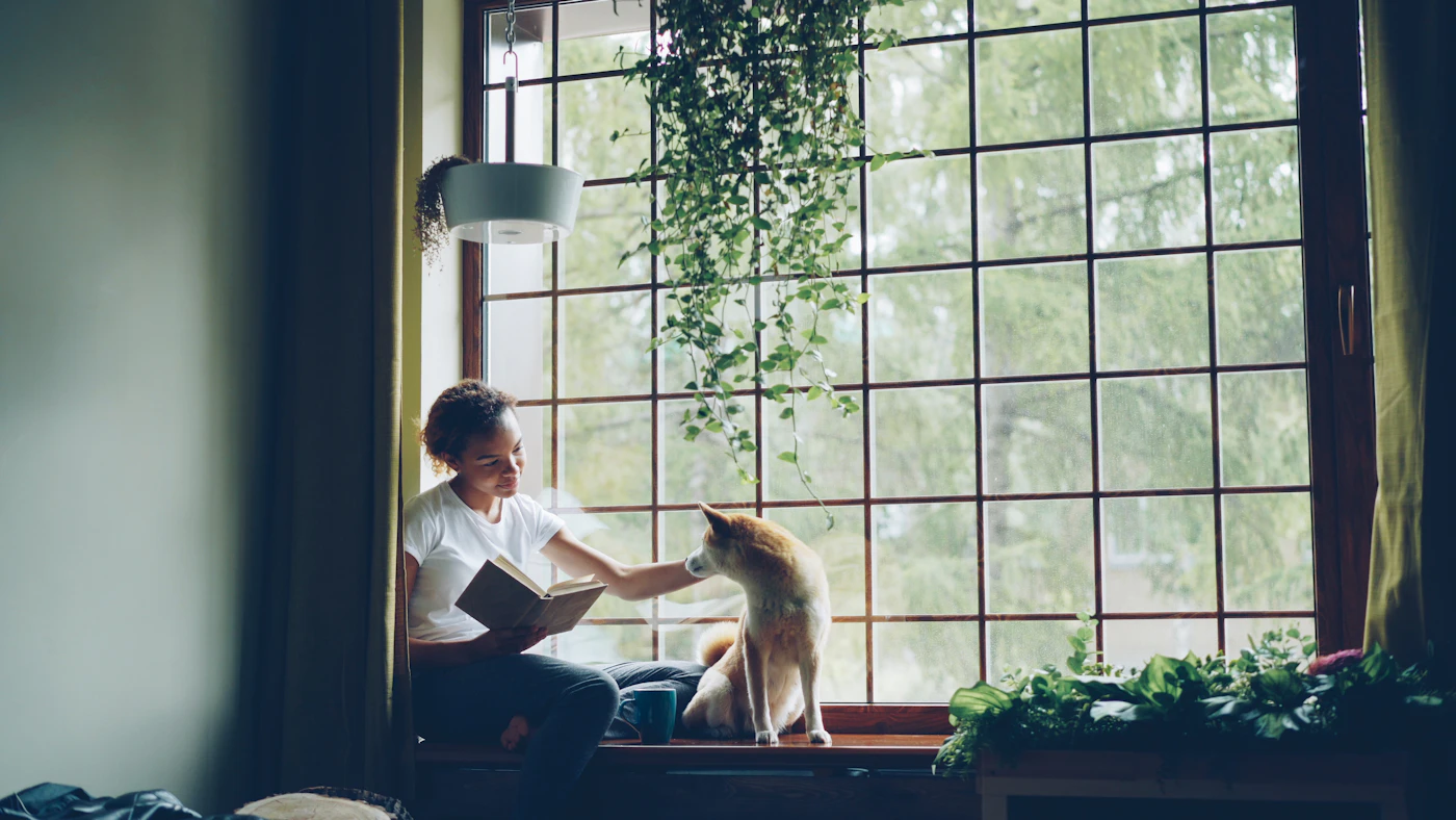 A woman reading quietly by a sunlit window with her calm dog resting beside her at home