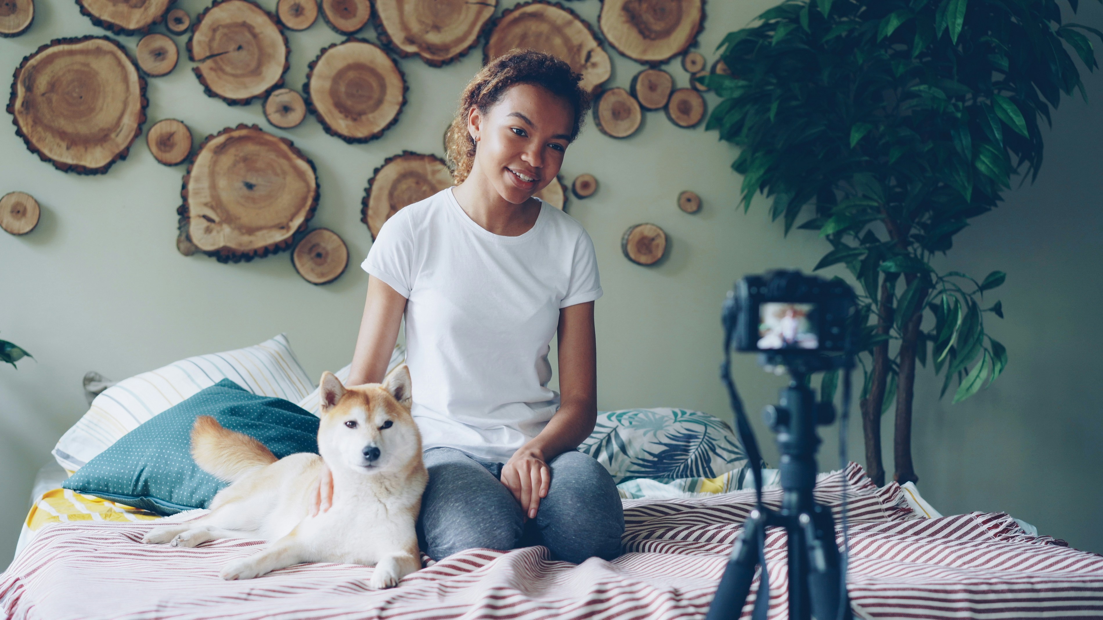 Woman petting a dog while filming