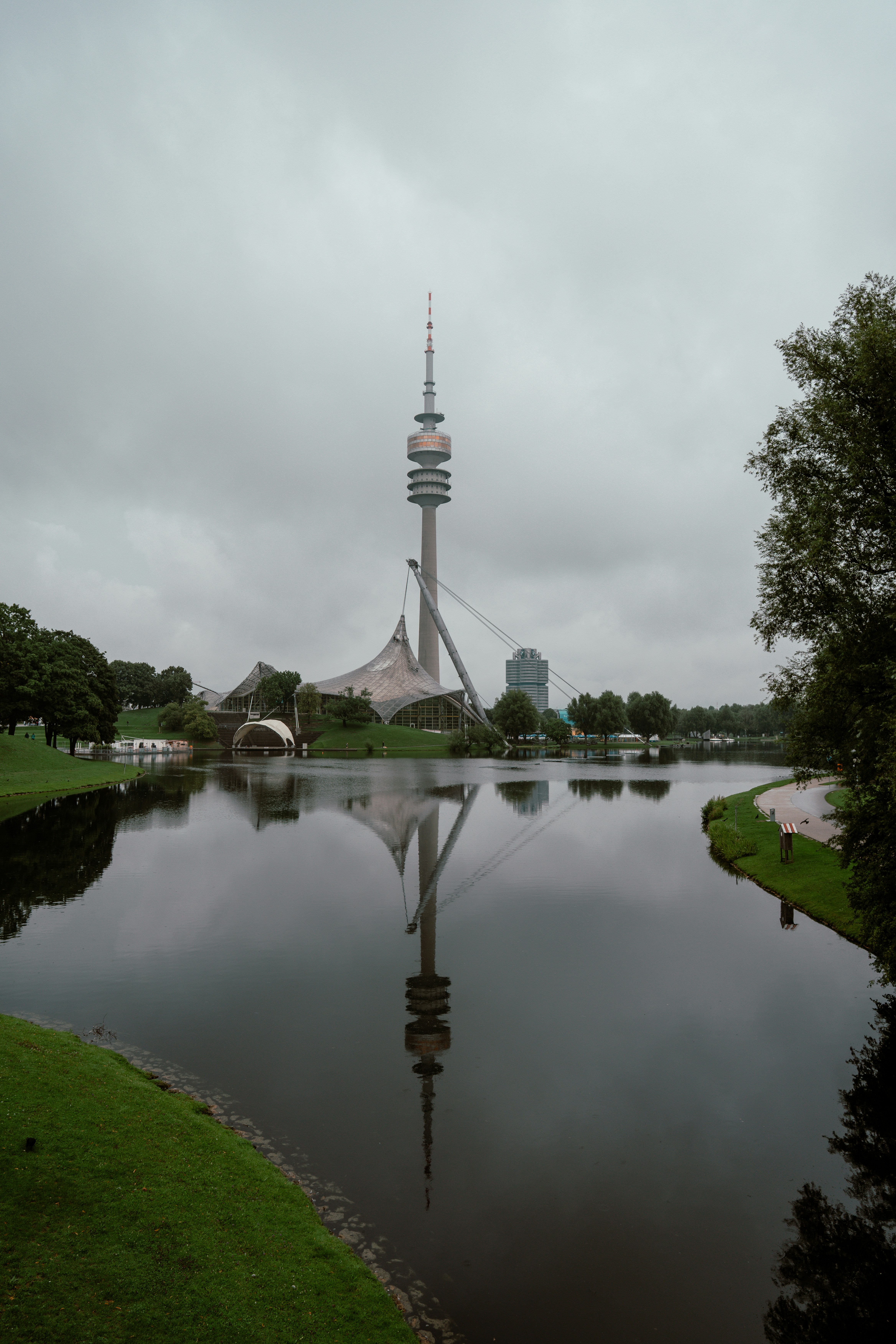 The tower and its reflection over a lake.