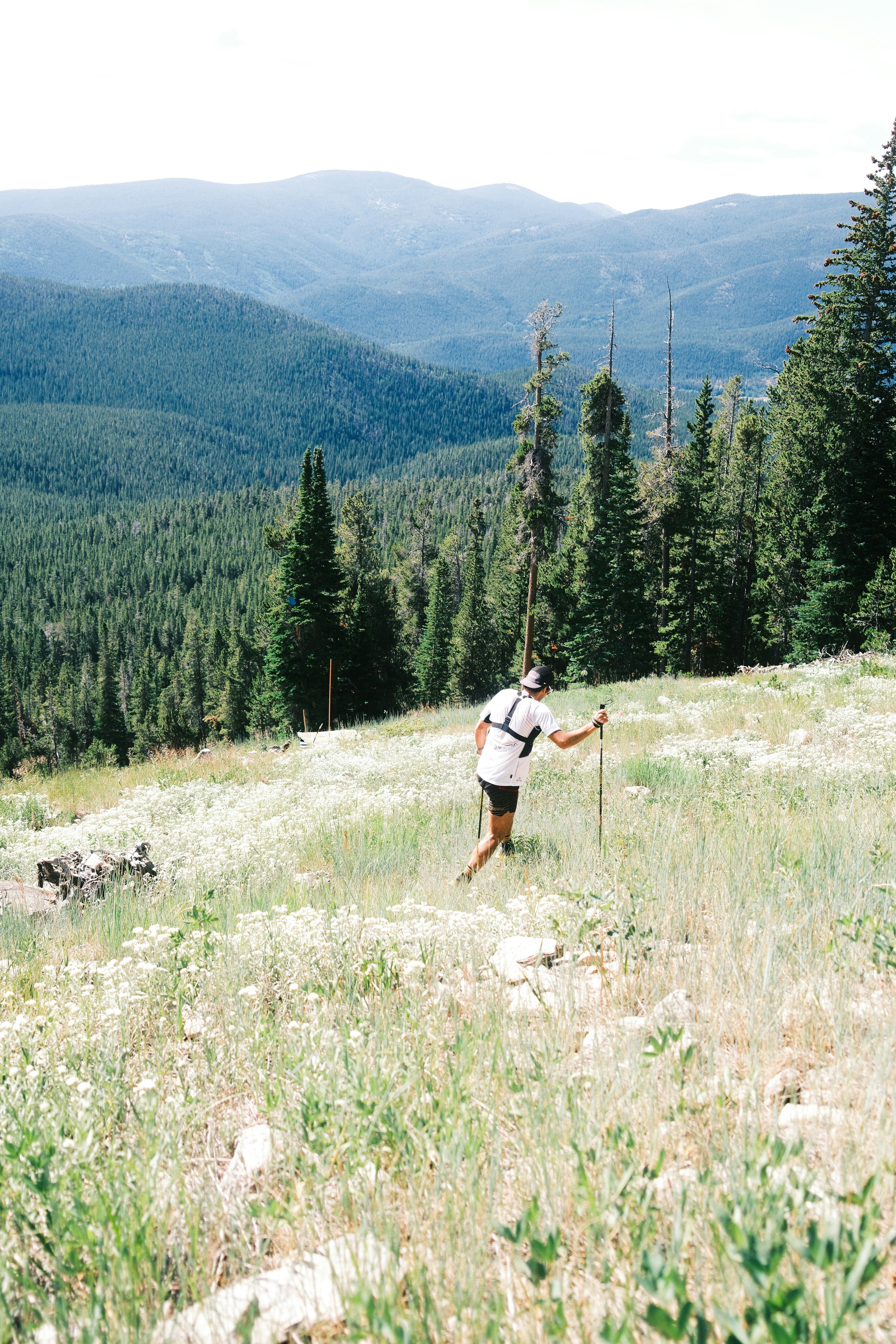 A runner hikes up a mountain in nature.