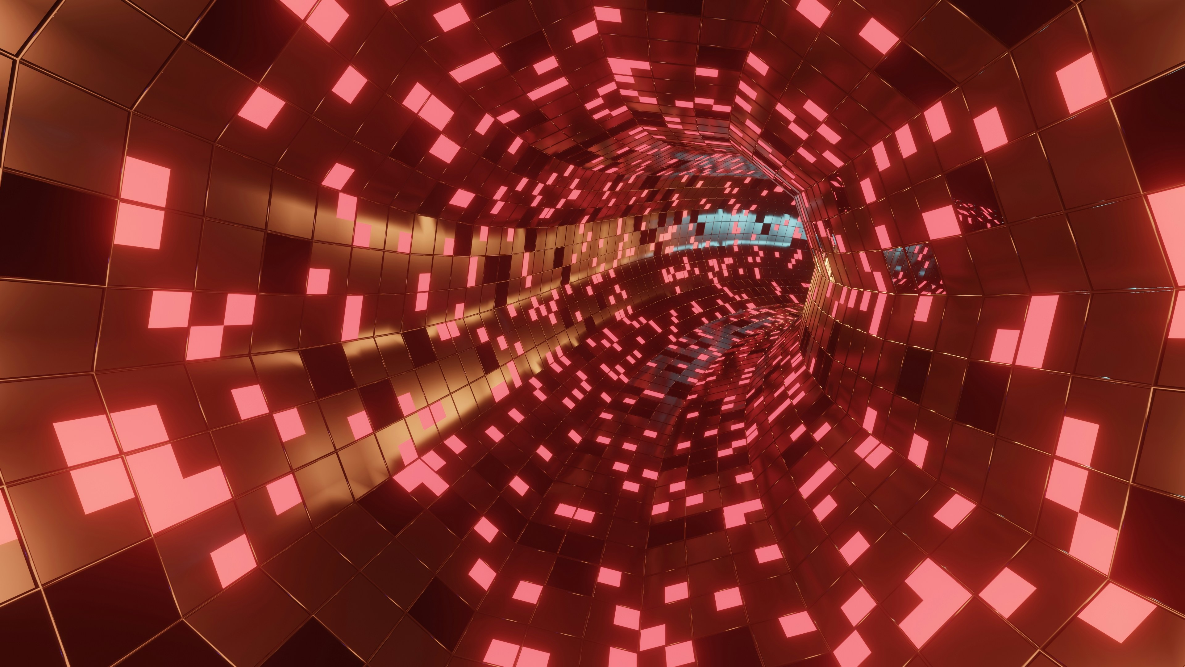 픽셀화된 벽이 있는 빛나는 붉은 빛의 터널.