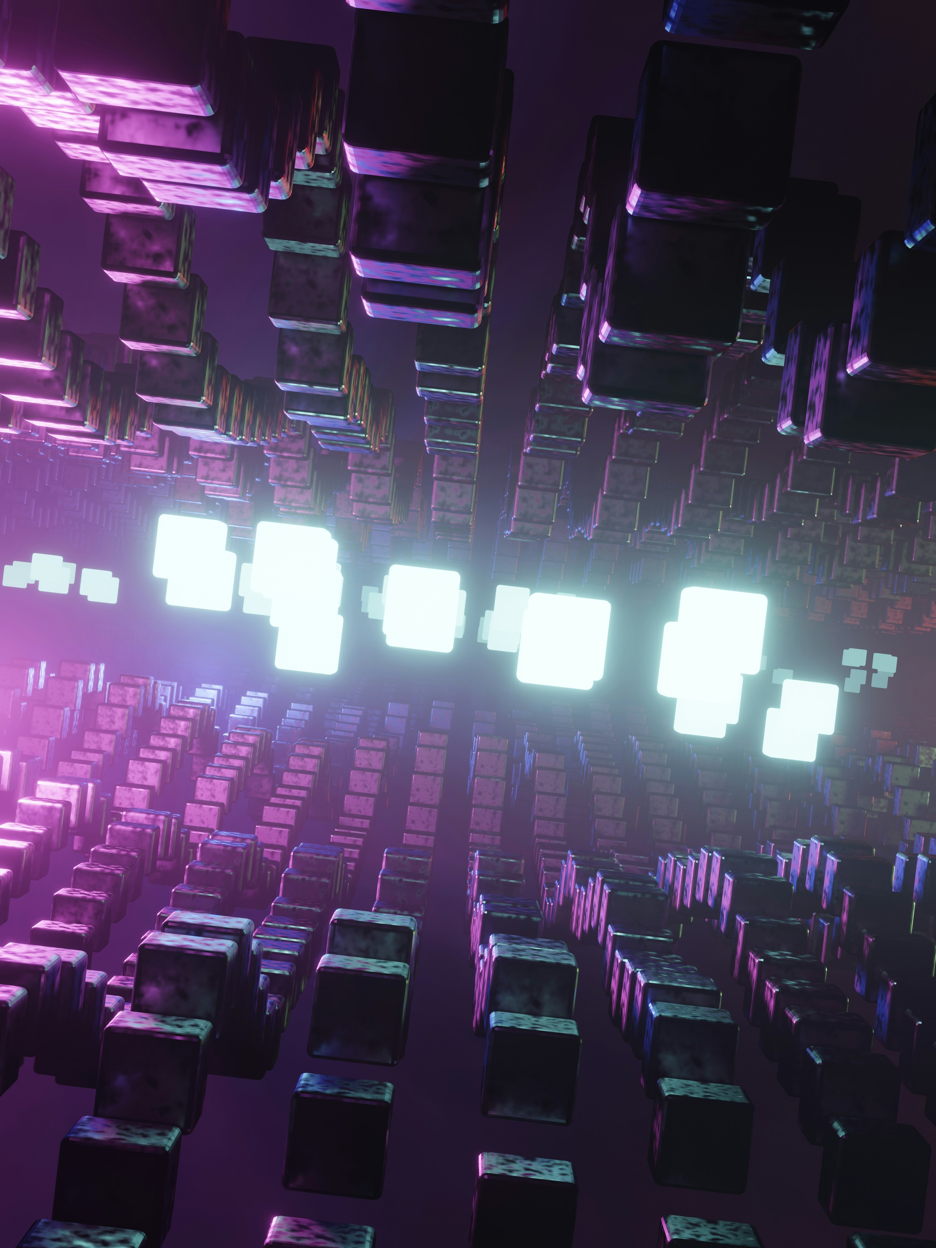 Abstract geometric blocks floating in space.