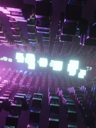 Abstract geometric blocks floating in space.