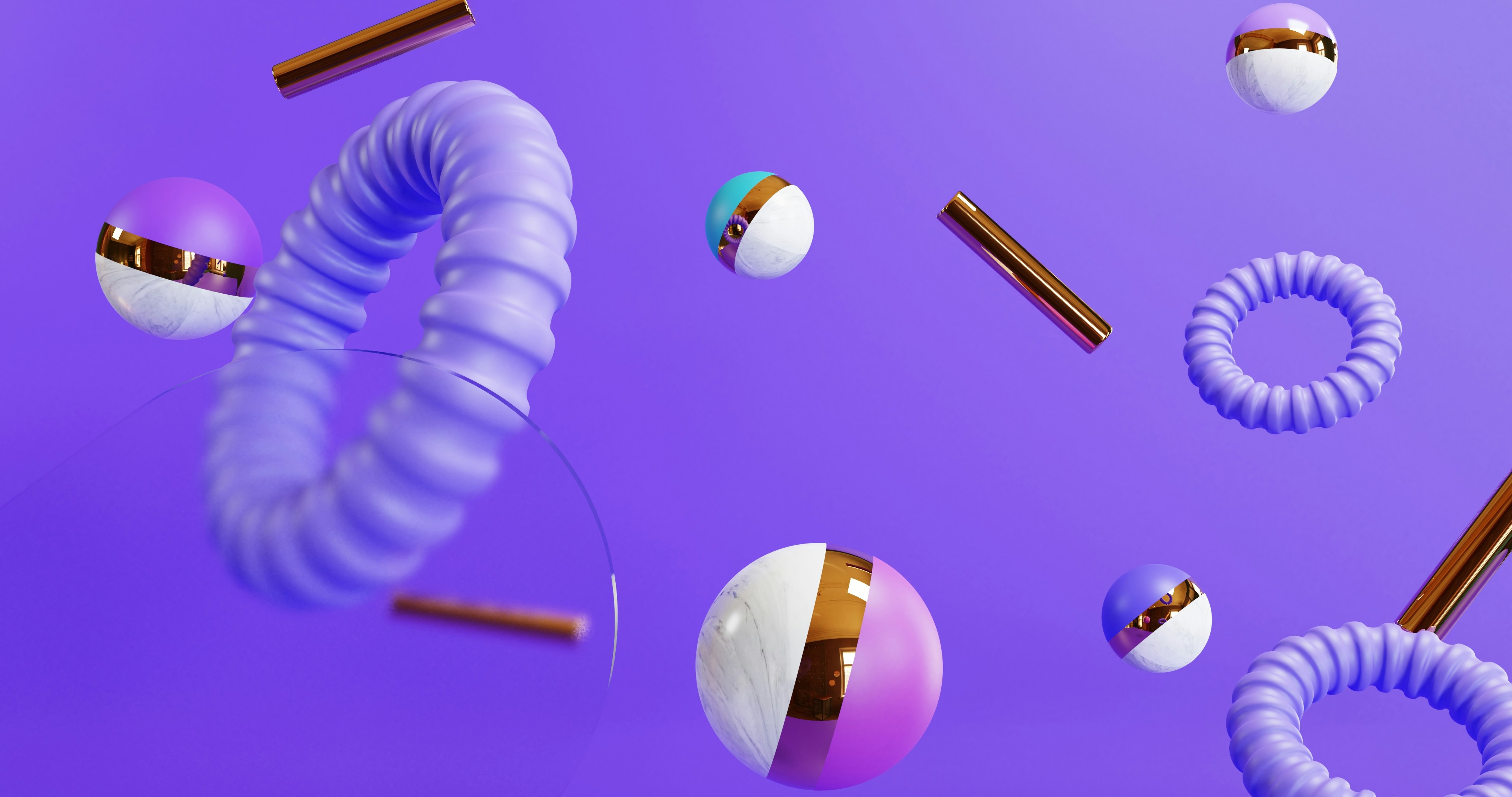 Abstract 3D shapes float in a purple space.