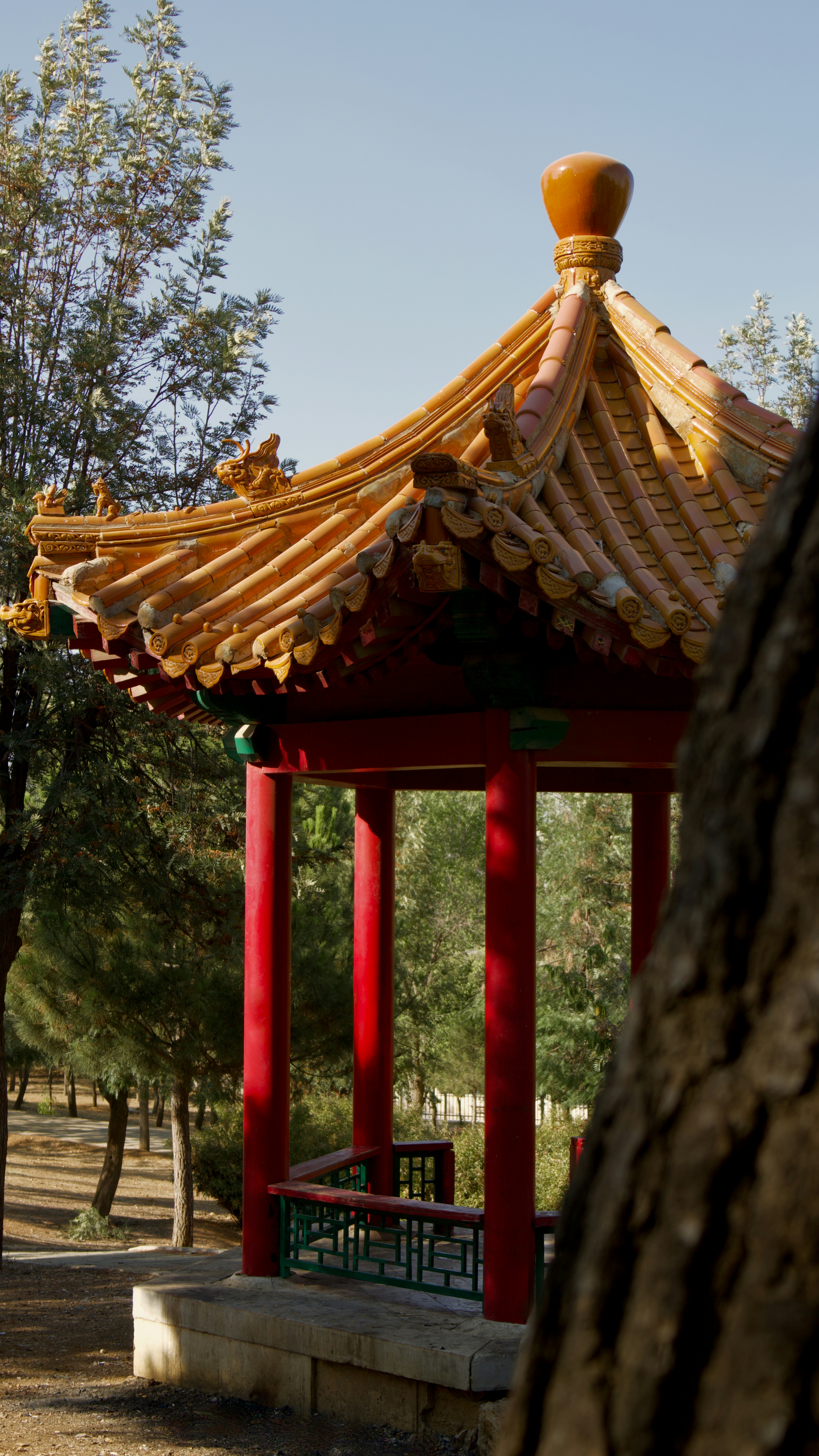 Una pagoda cinese in un parco soleggiato.