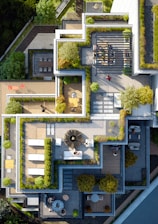 An aerial view of a modern rooftop garden.