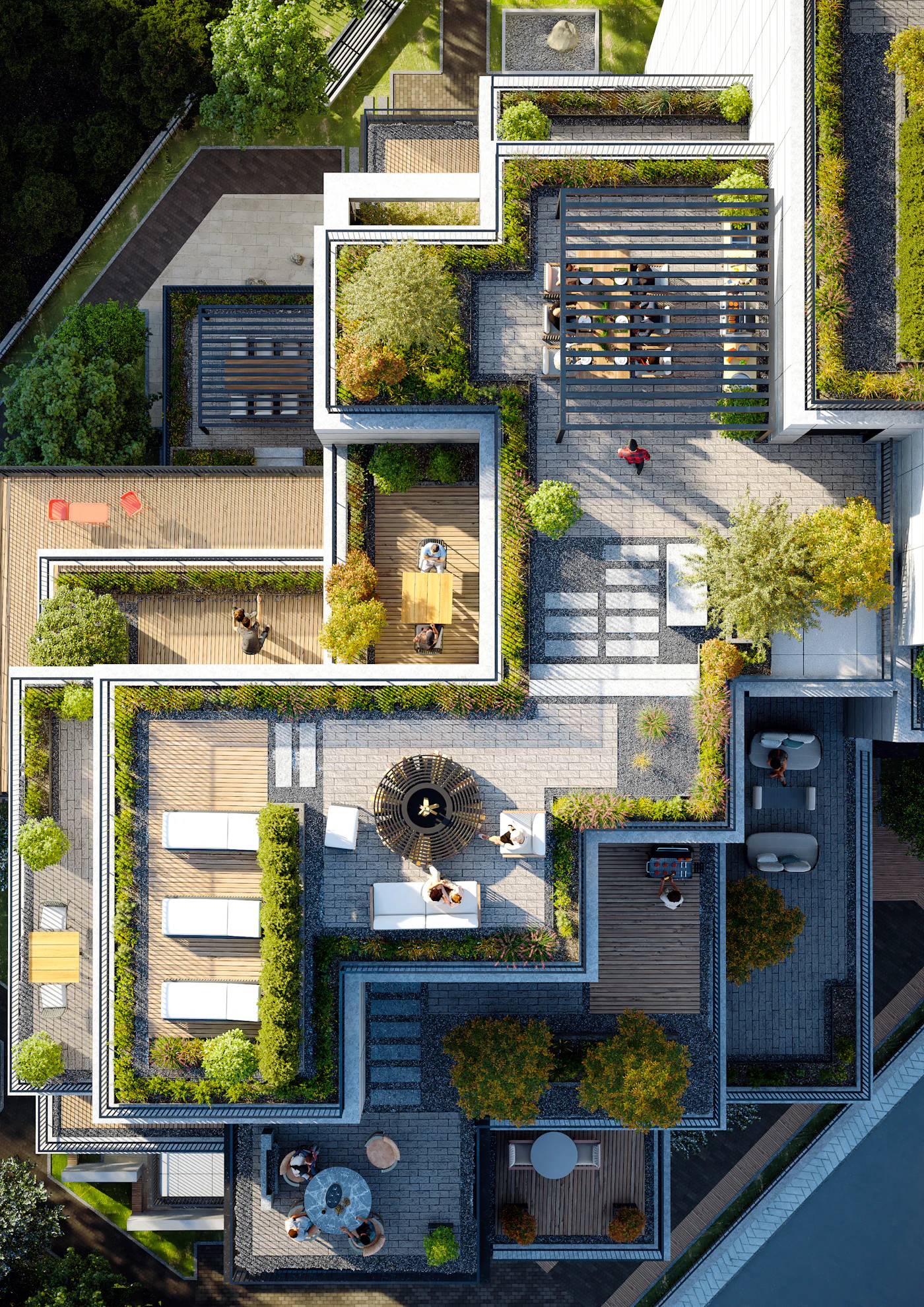 Aerial view of a rooftop garden terrace