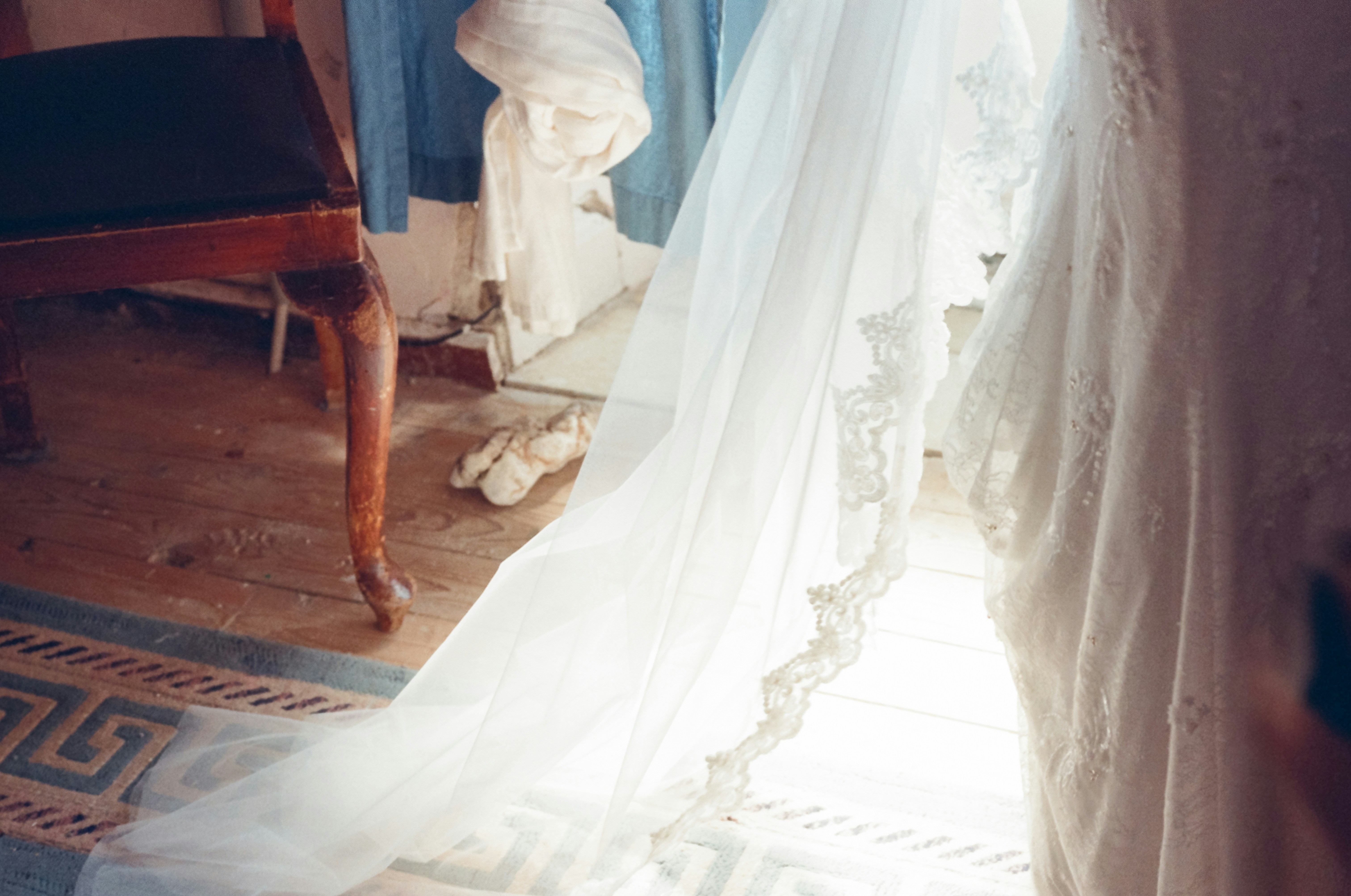 Wedding veil and dress awaiting bride