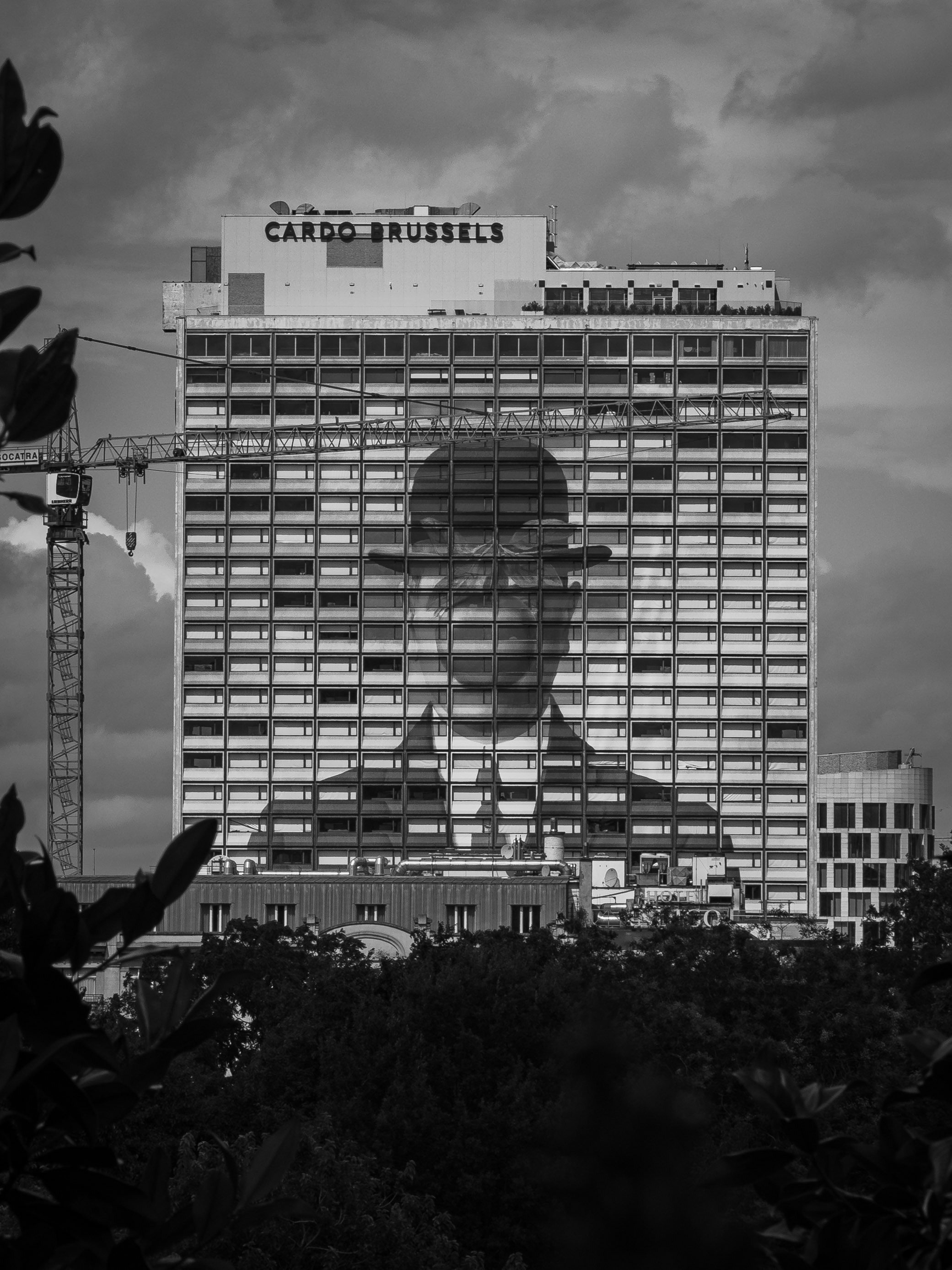 A large portrait appears on the brussels building.