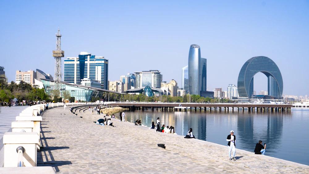 Modern Baku skyline beside the Caspian Sea in Azerbaijan