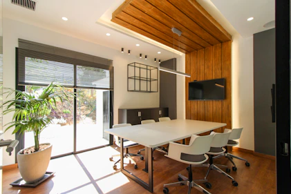 Modern office meeting room with large windows