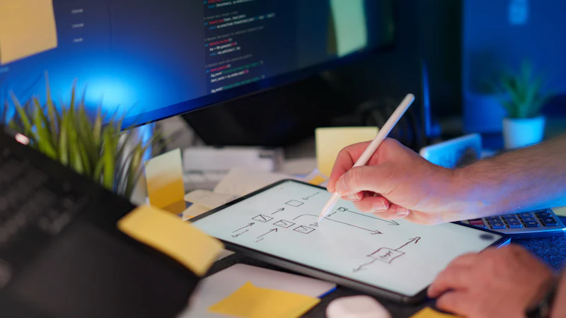 Diseñador trabajando en la interfaz de un sitio web con una tablet gráfica