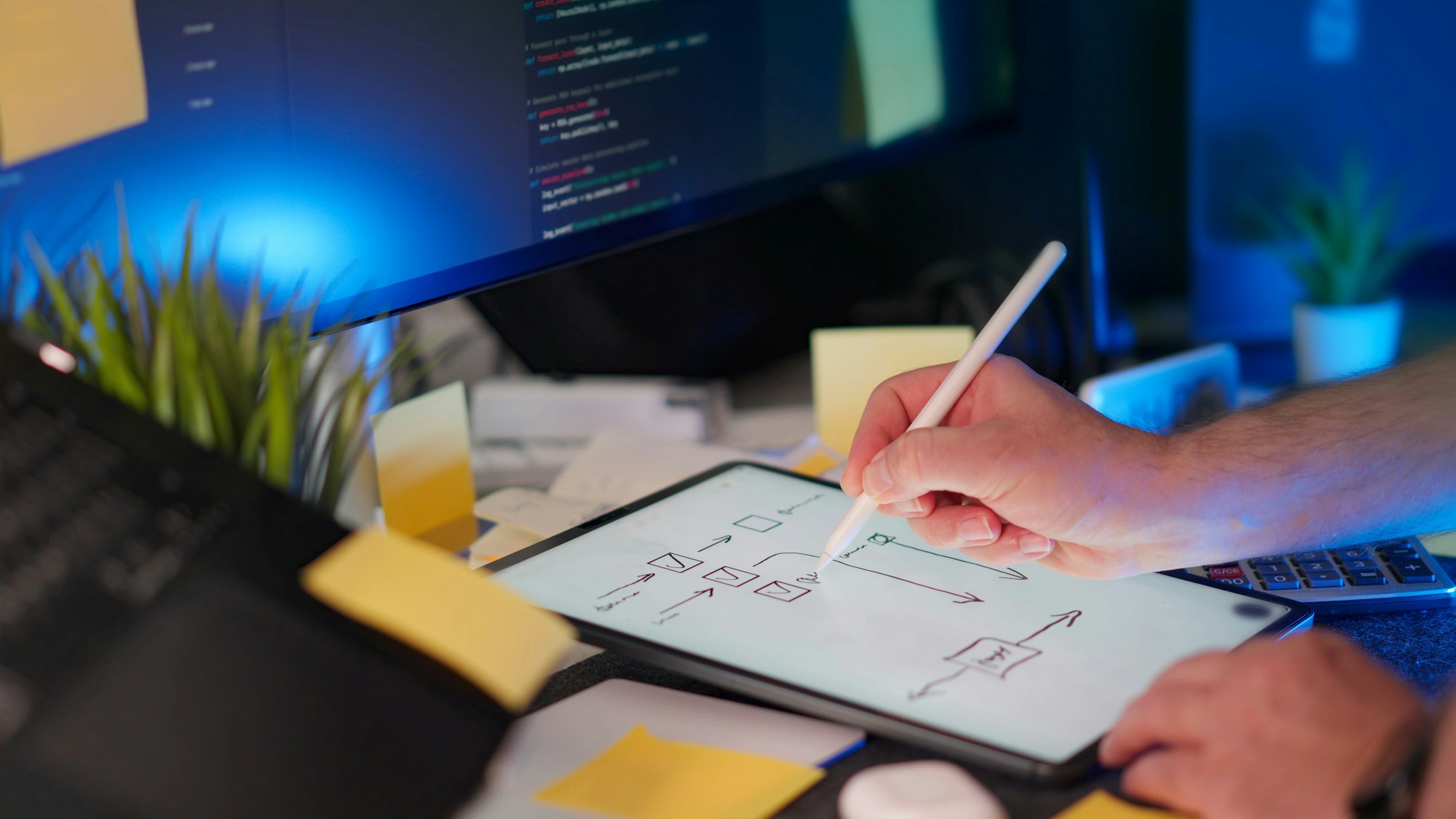 Someone is drawing on a tablet at their desk.