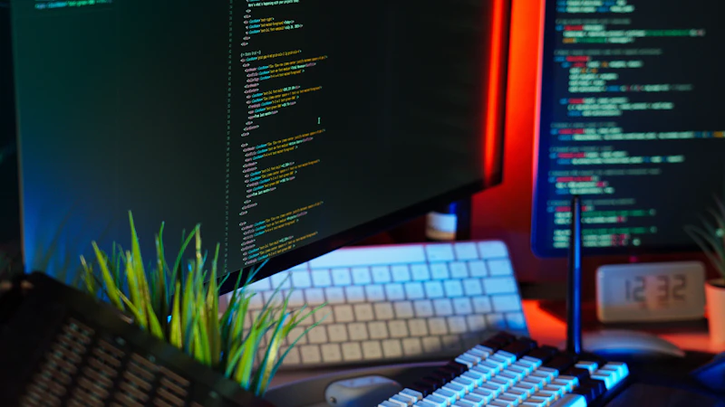 Múltiplas telas exibindo código de programação e automação