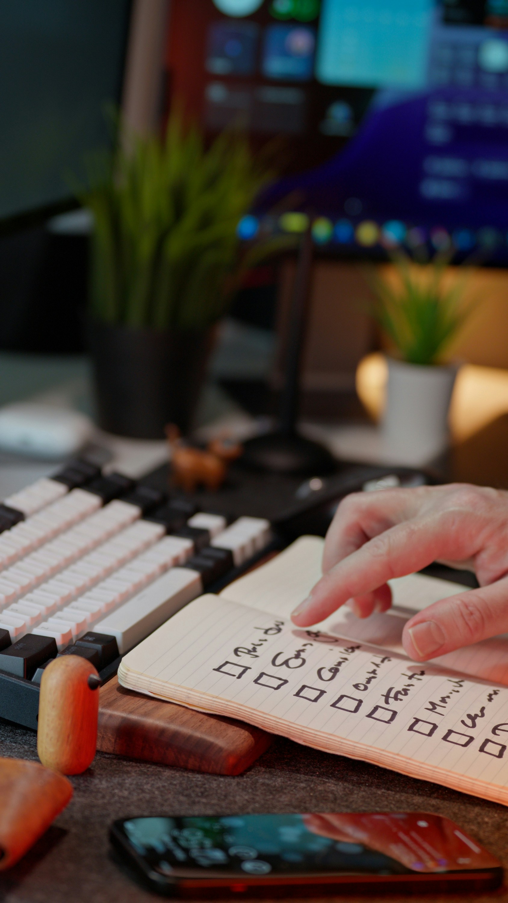 Checking items off a list on a notepad.