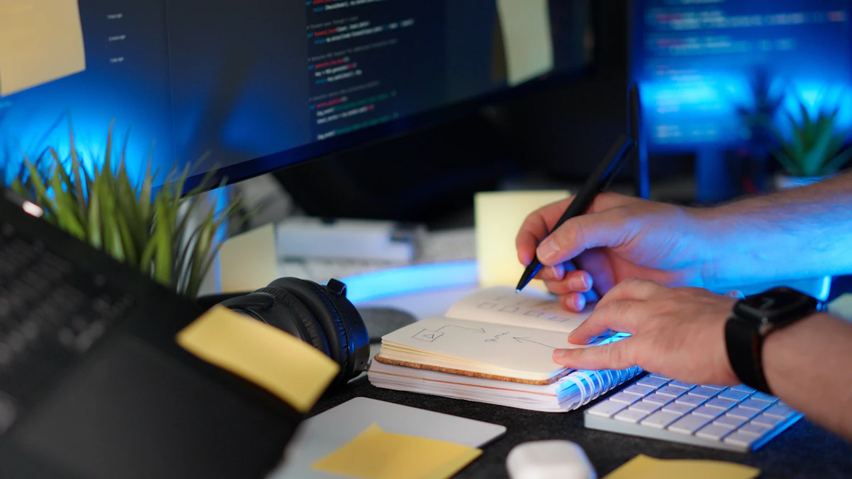 Developer planning a custom web application beside code displayed on multiple monitors