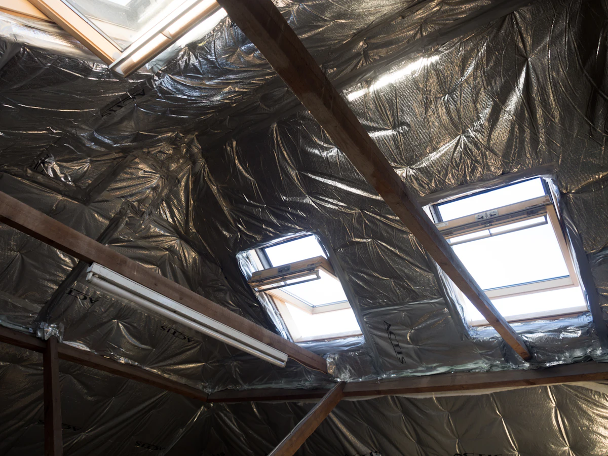 Attic interior with insulation, where rodent droppings and nesting are commonly cleaned