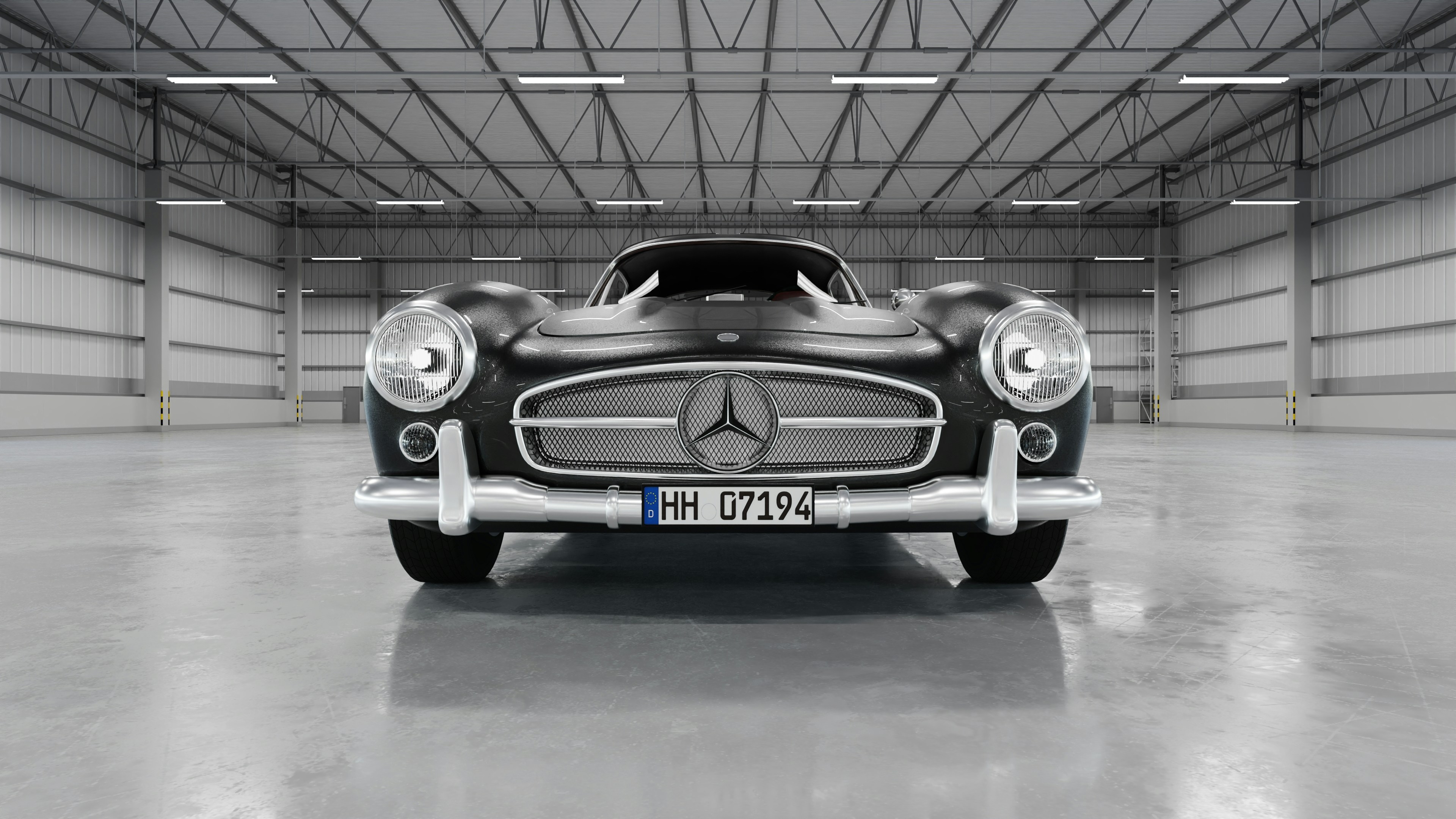 Un mercedes-benz vintage dentro de un garaje.