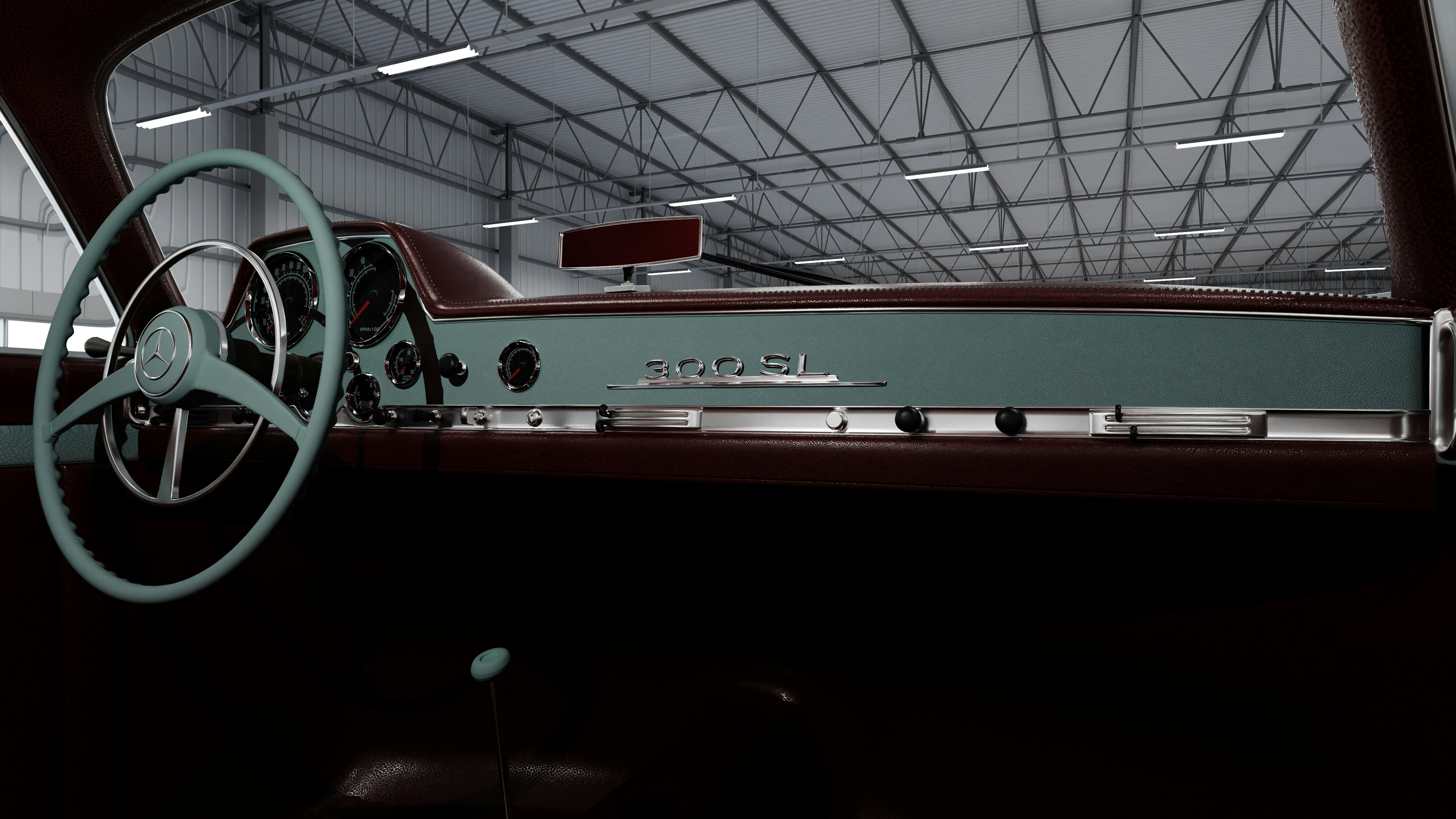 Classic car interior with a turquoise dashboard.