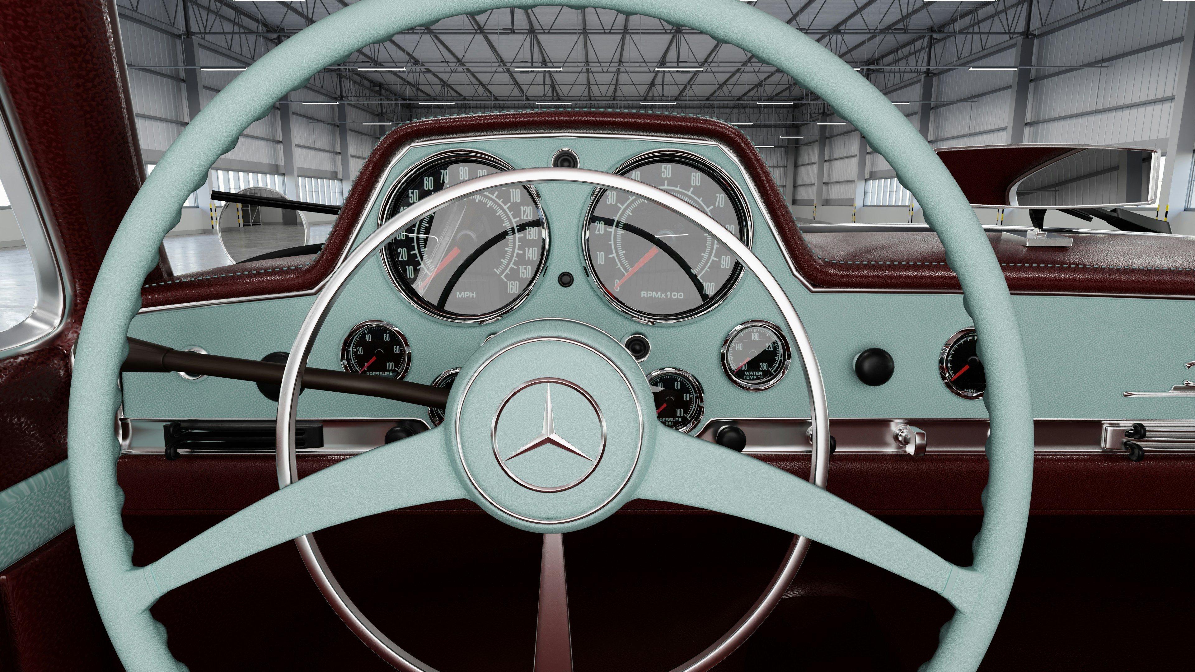 El interior de un coche Mercedes clásico de época.