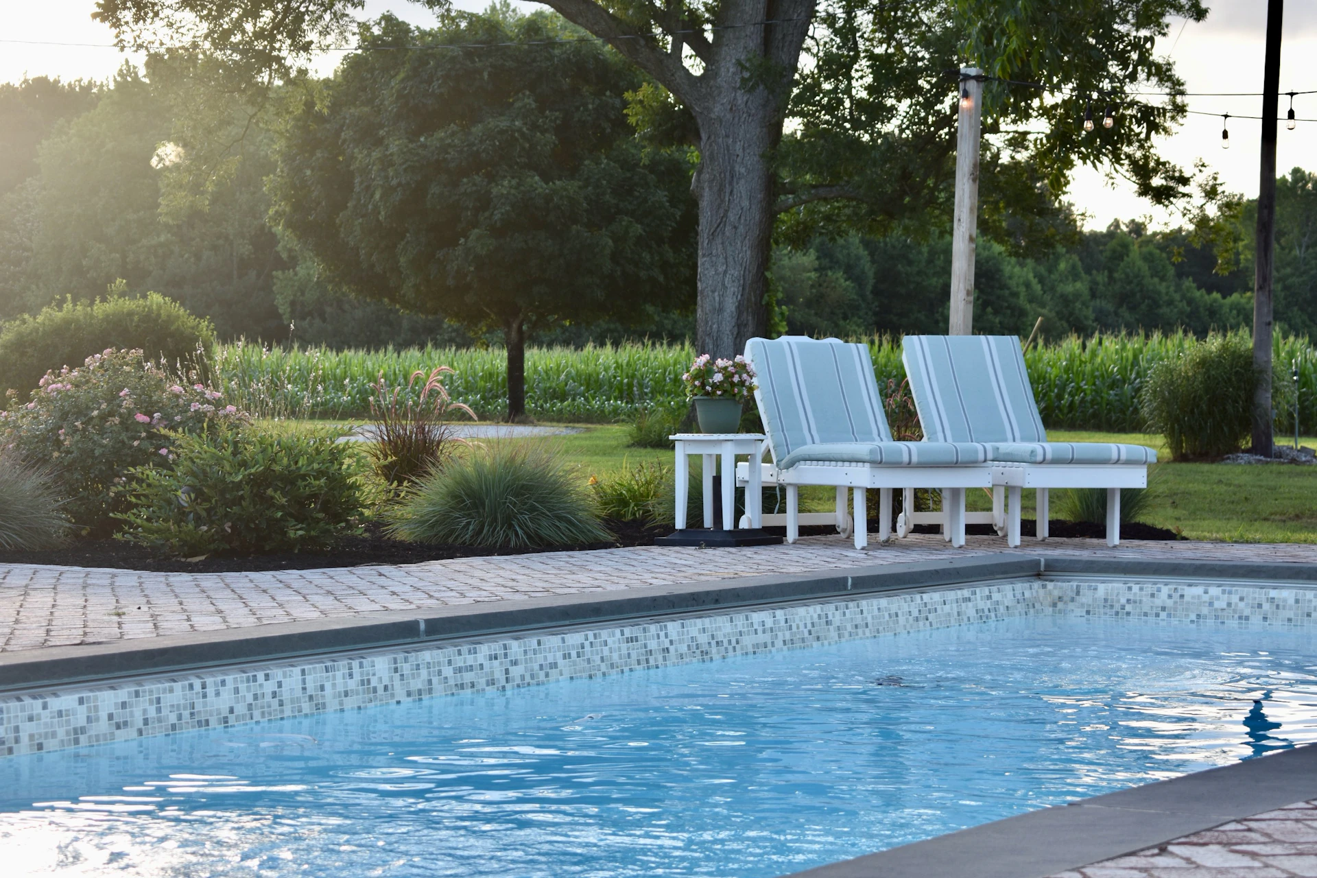 Two lounge chairs sit poolside on a sunny day.