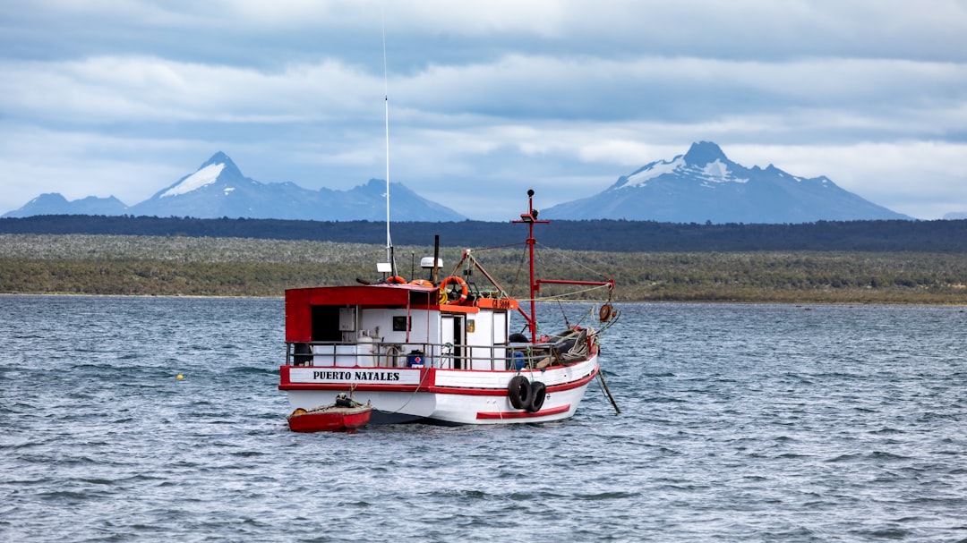 Vista de embarcación en costas de la Patagonia chilena, zona de operaciones salmoneras