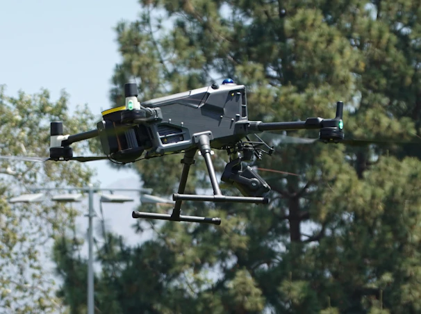 A drone flies in the sky.