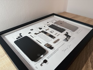 An iPhone is disassembled and framed.