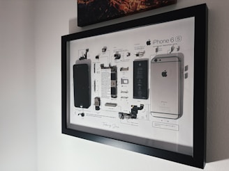 An iPhone 6s diagram hangs on a wall.