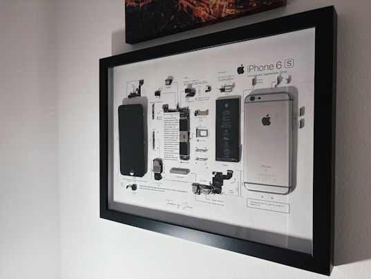 An iPhone 6s diagram hangs on a wall.