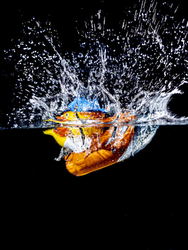 A toy duck creates a dramatic water splash.