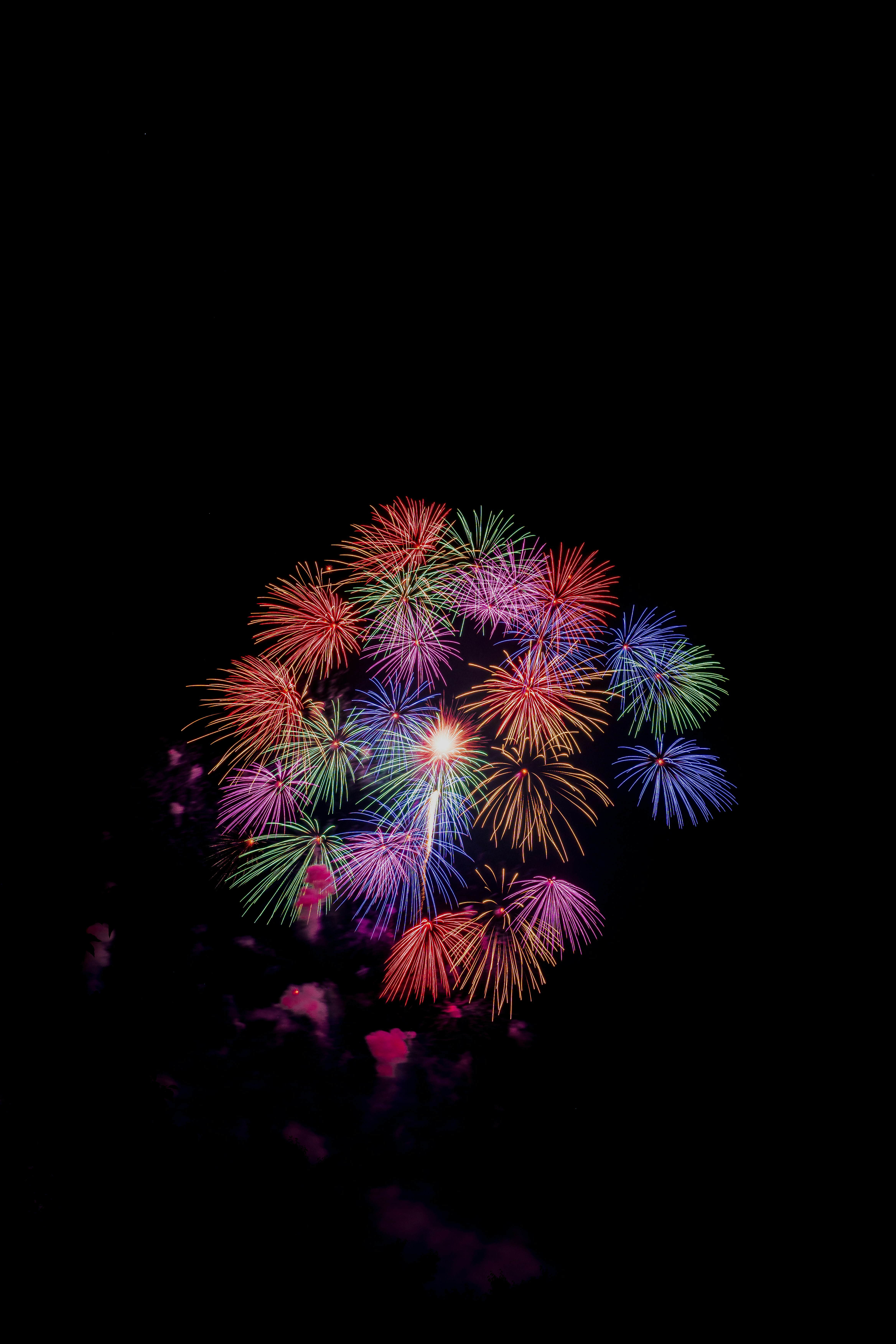 Fireworks explode vibrantly against a dark sky.