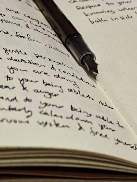 A fountain pen rests atop handwritten journal entries.
