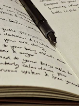 A fountain pen rests atop handwritten journal entries.