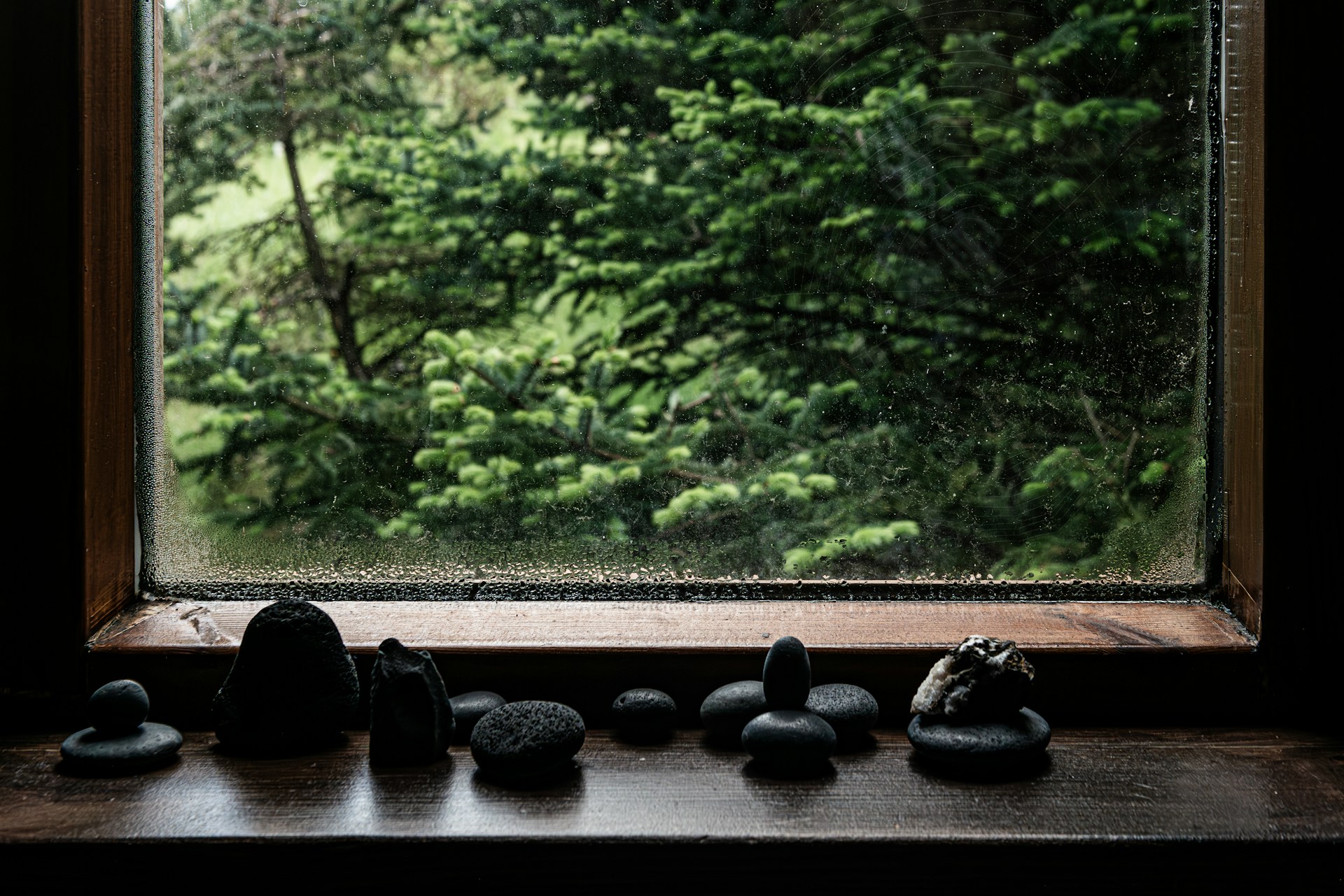 Stones sit on a window ledge overlooking nature.
