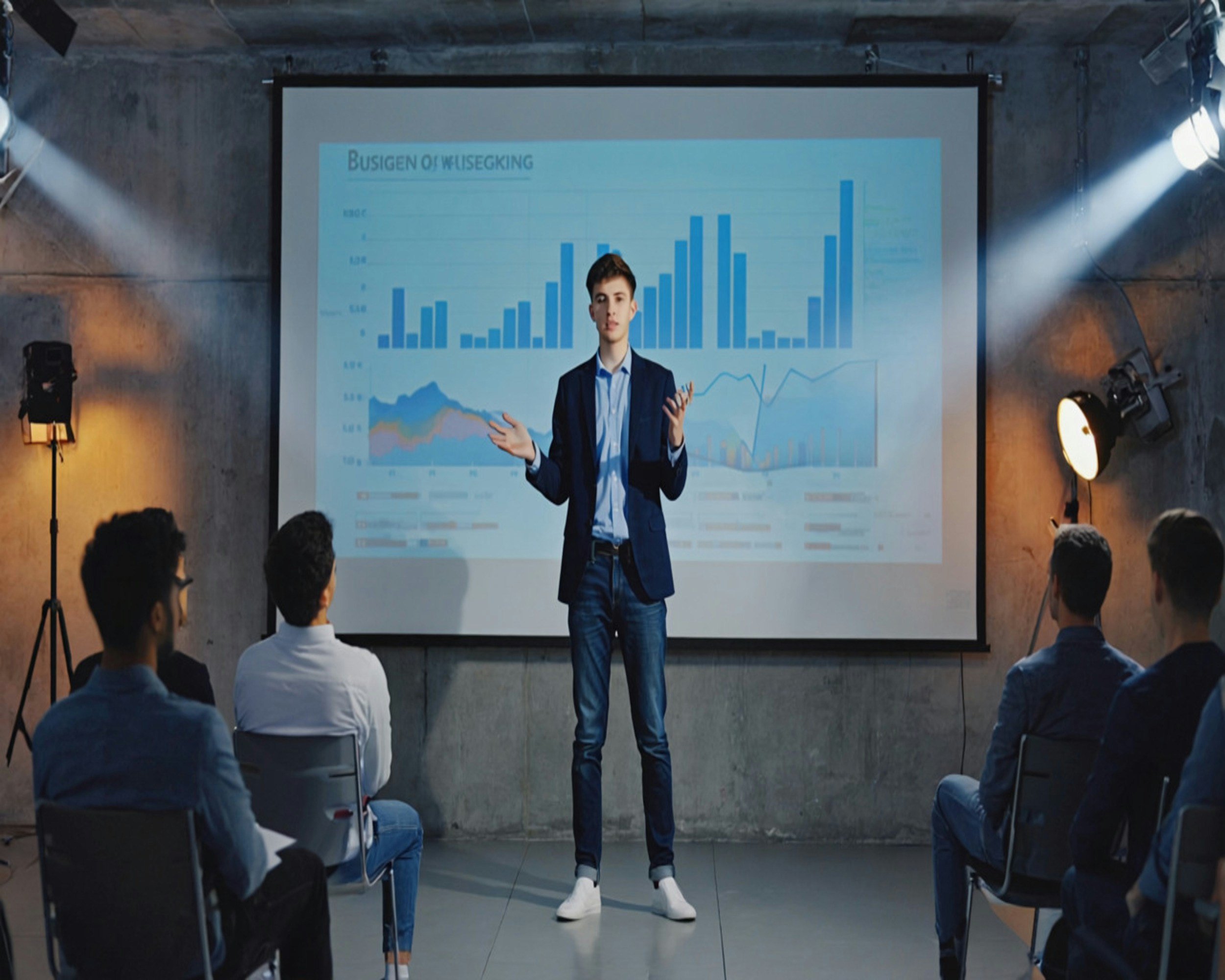 Young entrepreneur pitching a product at a startup demo day — building experience before launching own startup