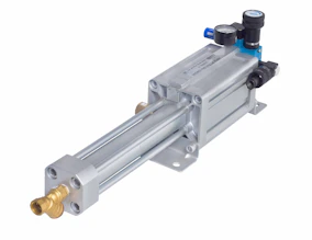 An industrial pneumatic cylinder with gauges.