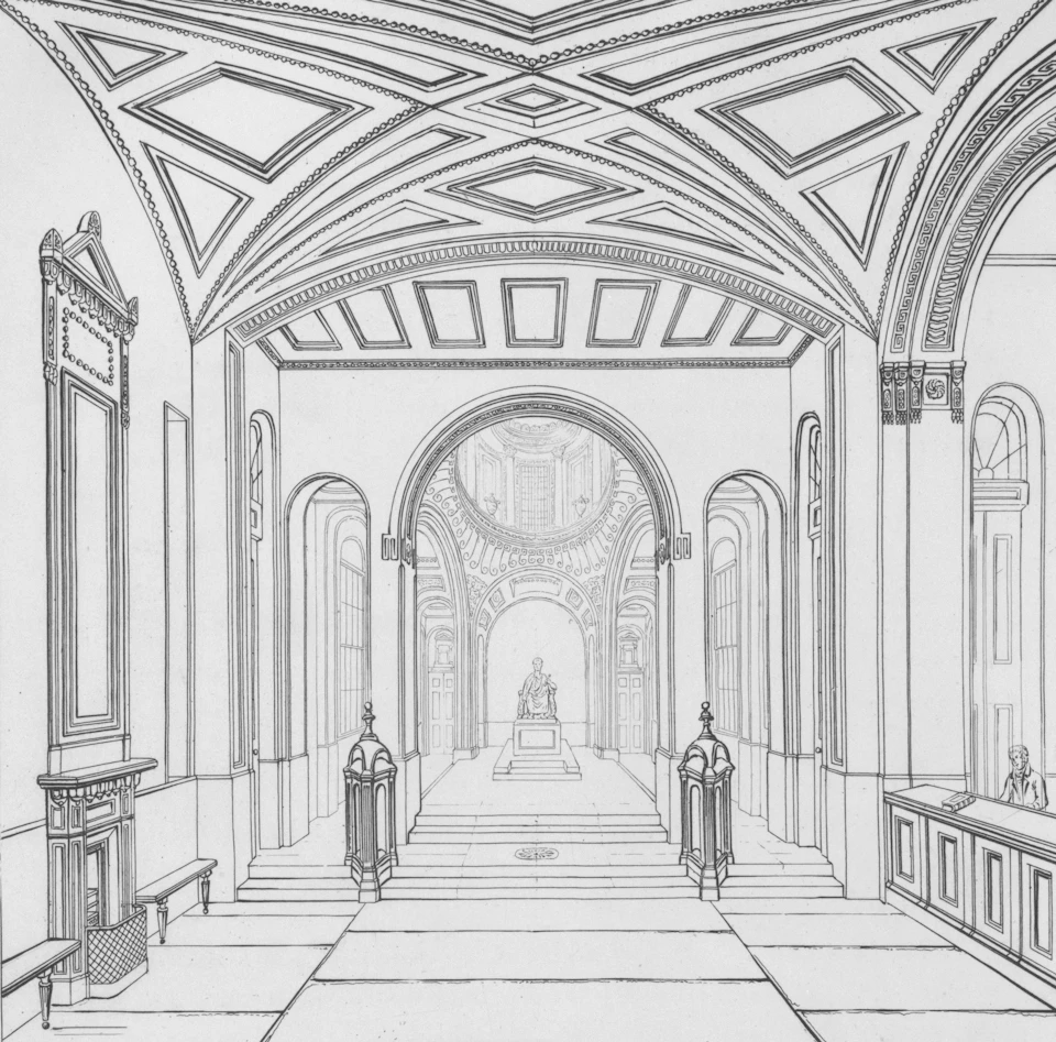Grand hallway features ornate ceiling with intricate designs and patterns in black and white