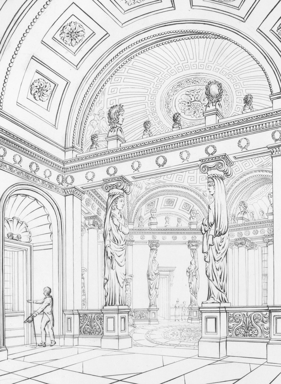 Grand, ornate room with high ceiling and intricate decorations adorns the walls with statues