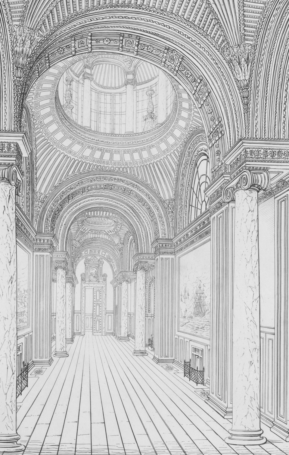 The image presents a grand, ornate room with high ceilings and large columns supporting intricate designs. The walls are adorned with numerous windows that allow natural light to flood into the space. The floor is made of marble tiles, adding an elegant touch to the room's overall aesthetic. A large archway dominates one side of the room, leading to a central area where several statues can be seen.

The room features a variety of architectural elements such as columns and arches that contribute to its grandeur. The high ceilings are supported by these columns, creating an impressive sense of height and space. The marble floor adds a touch of luxury and sophistication to the room's design.