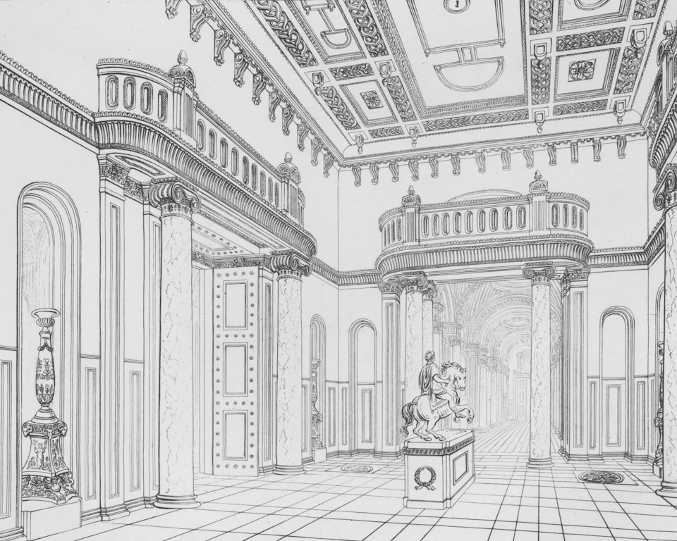 The image presents a black and white sketch of an ornate room with high ceilings, large columns, and intricate designs on the walls. The room features a central hallway flanked by two large columns, each adorned with decorative capitals. A statue is situated in the center of the room, surrounded by several other statues scattered throughout the space. The floor is covered in tiles that extend to the edges of the image, creating a sense of depth and dimension.