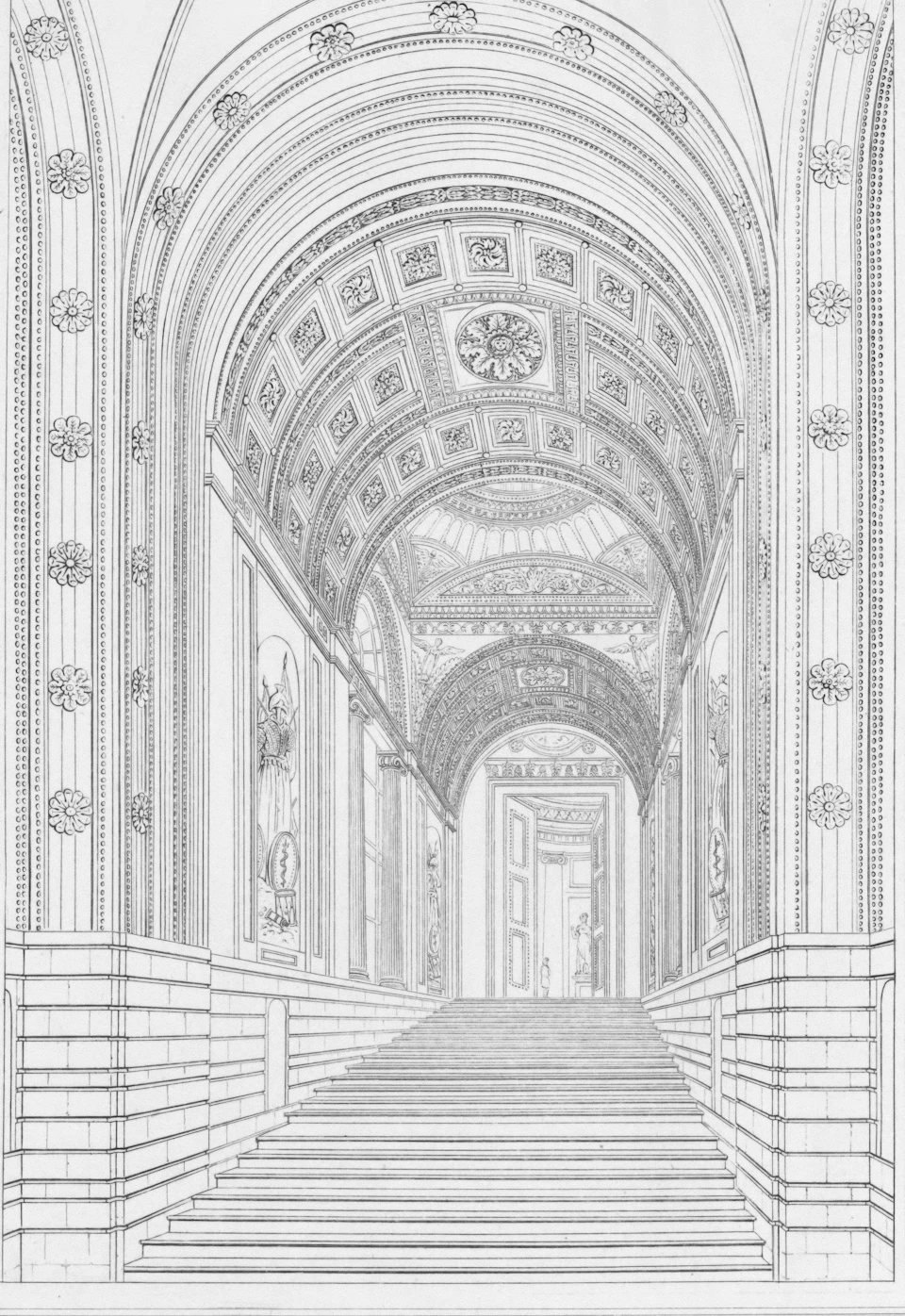Ornate grand hallway with multiple levels, intricate designs, and large central archway