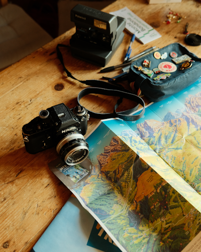 camera on a map on a desk