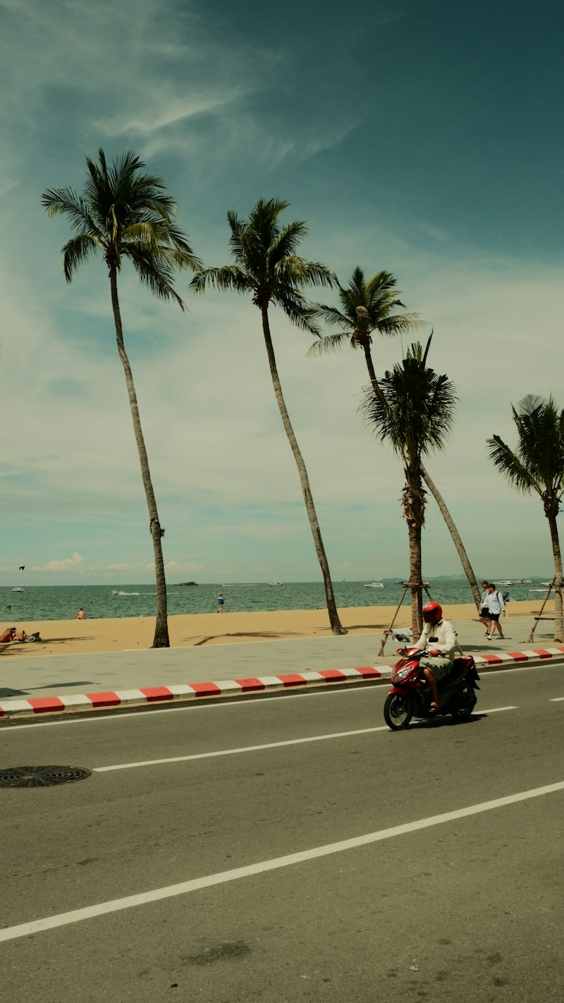 Palm trees, beach, and a scooter on a sunny day in Thailand